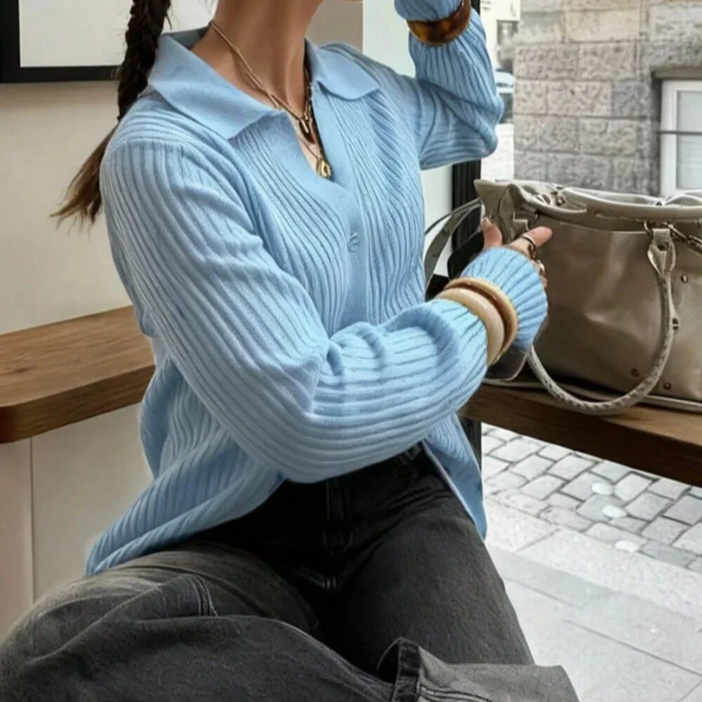 Blue Casual Women's Long Sleeve Knit Cardigan with Striped Pullover Sweater